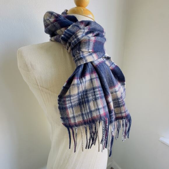 Vintage Edinburgh 100% Cashmere Plaid Scarf Navy Cream Tartan Made in Scotland - Picture 4 of 7